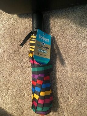 totes Stripe-Pattern Compact Umbrella in Blue, Teal, Green, Purple, Yellow